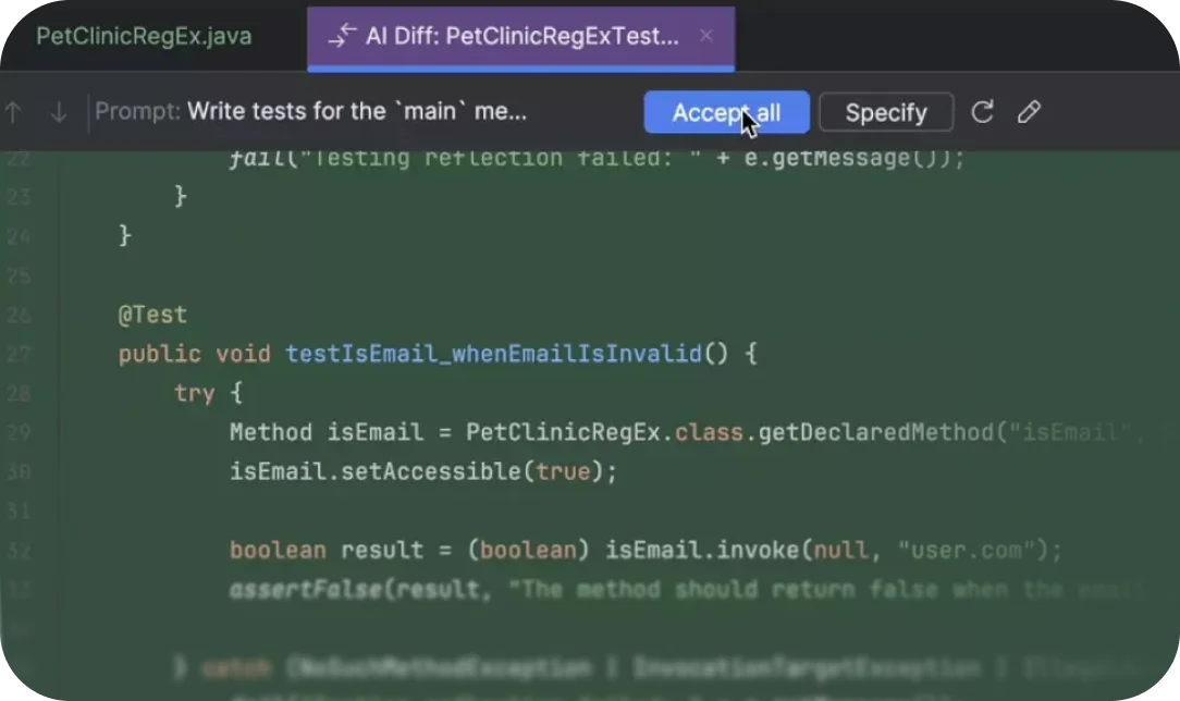 JetBrains AI Assistant feature deep-dive showing AI-powered test generation suggestions in a dark-theme IDE.
