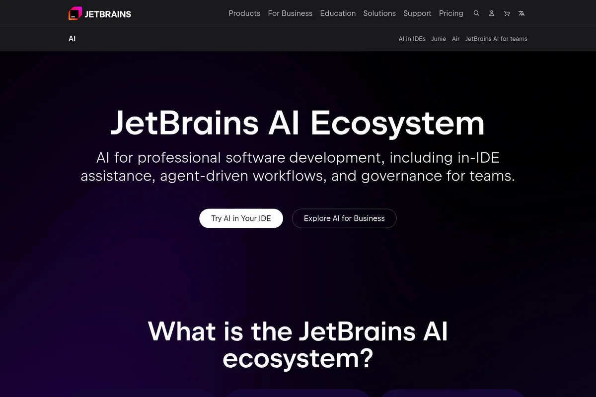JetBrains AI Ecosystem landing page showcasing AI for professional software development with a dark-themed interface.