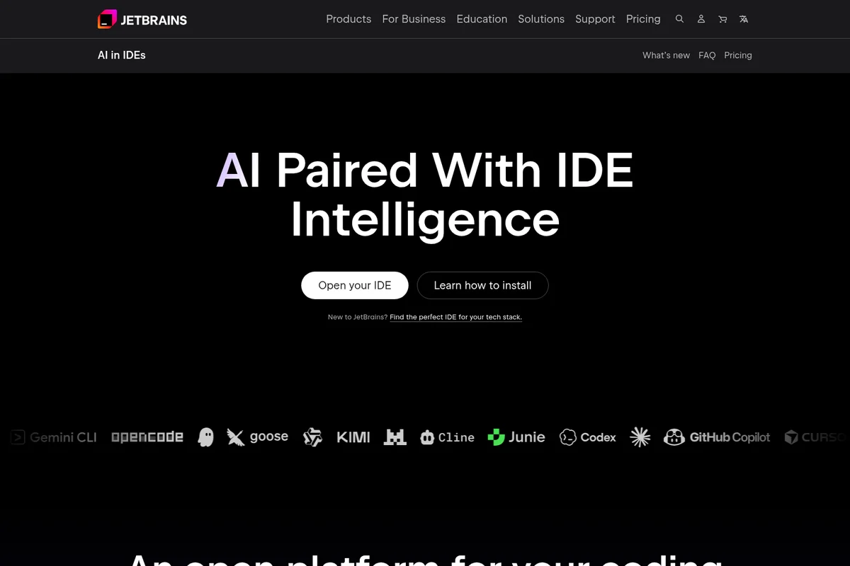 JetBrains AI Assistant landing page hero introducing AI paired with IDE intelligence with a dark-themed interface and integration logos.