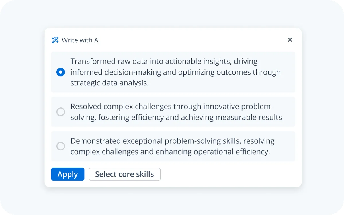 Jobscan AI writing feature showing generated resume bullet point options in a clean modern modal interface.