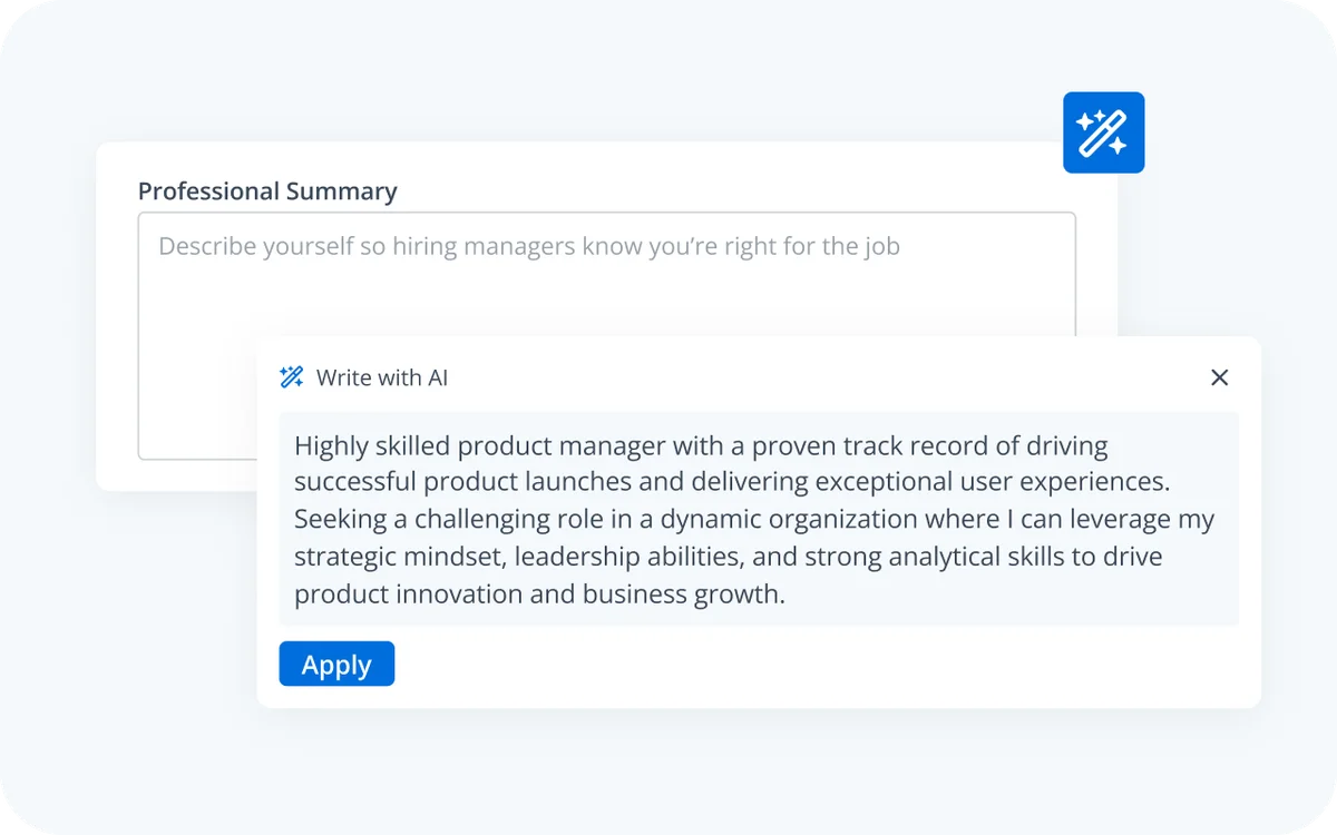 Jobscan AI writing assistant generating a professional summary for a job application with a clean light interface.
