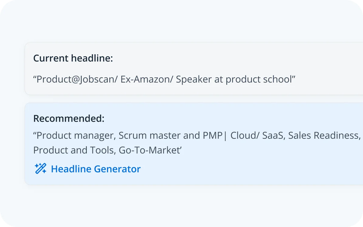 Jobscan feature showing a user's current headline and an AI-generated recommended headline with a clean light-themed interface.