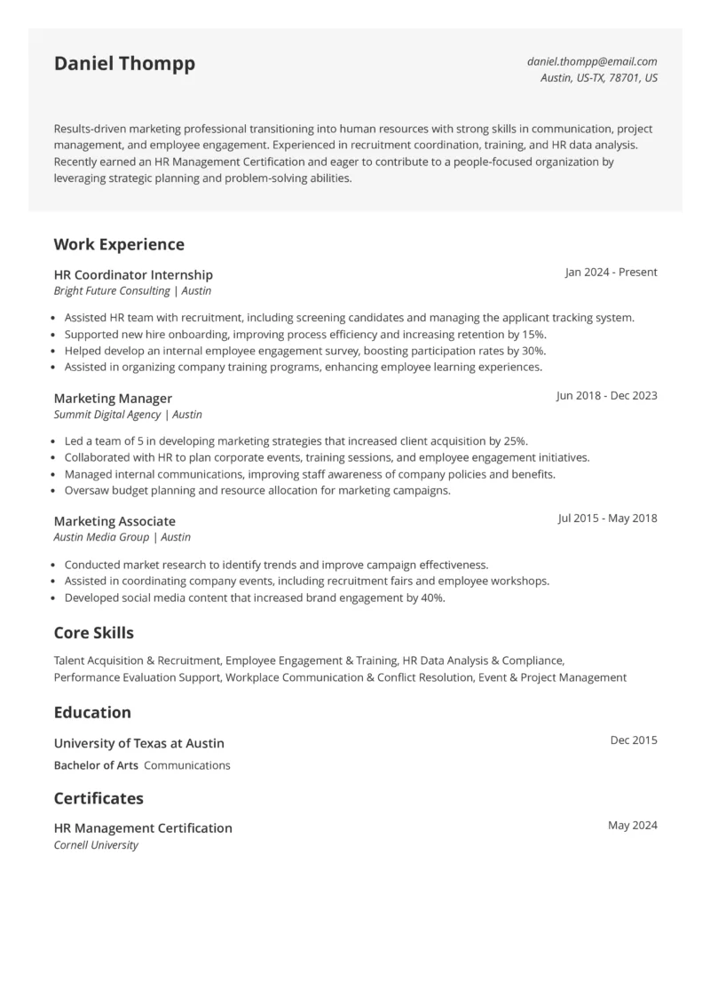 Jobscan resume output showing Daniel Thompp's work experience and education in a clean, professional layout.