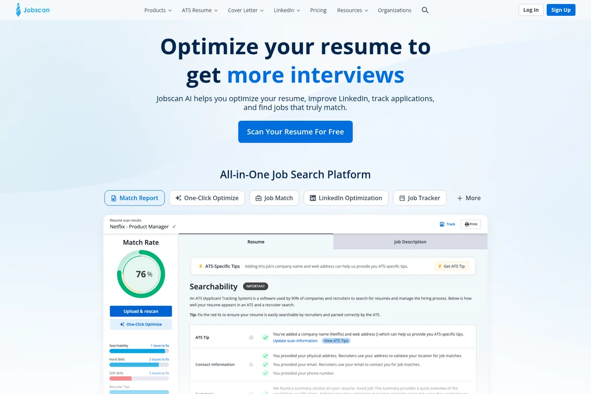 Jobscan homepage showing a resume match report and optimization tools with a modern light-themed UI.