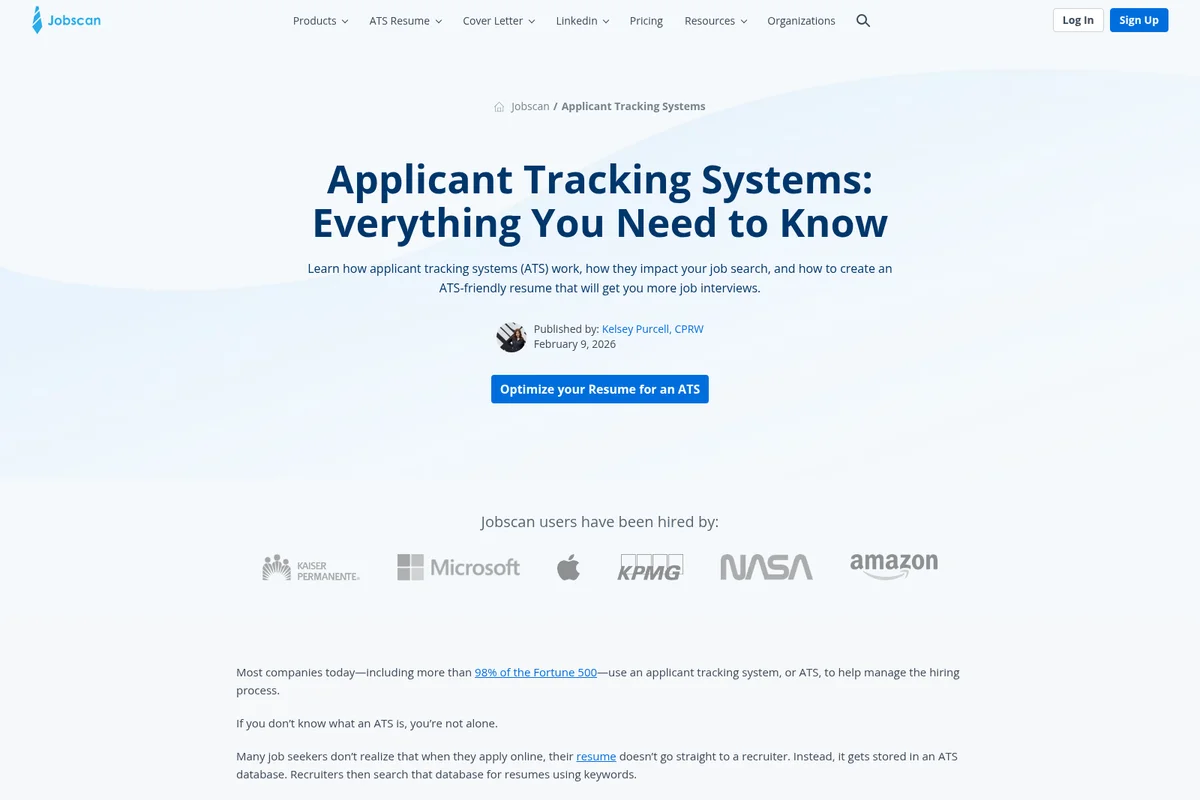 Jobscan informational page about Applicant Tracking Systems with a prominent call to action button and logos of top hiring companies.
