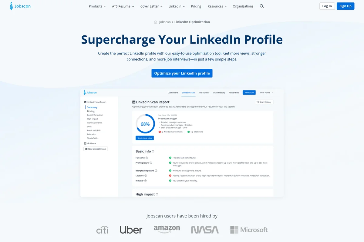 Jobscan LinkedIn Scan Report showing a profile optimization score of 68% and detailed recommendations with a clean, light-themed interface