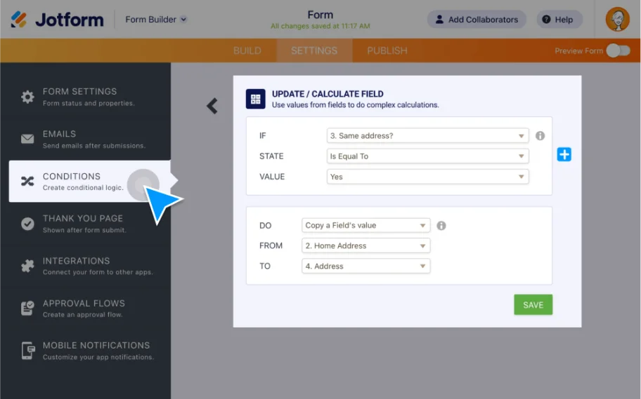 Jotform form builder showing conditional logic settings to automatically update form fields with a clean, modern interface.