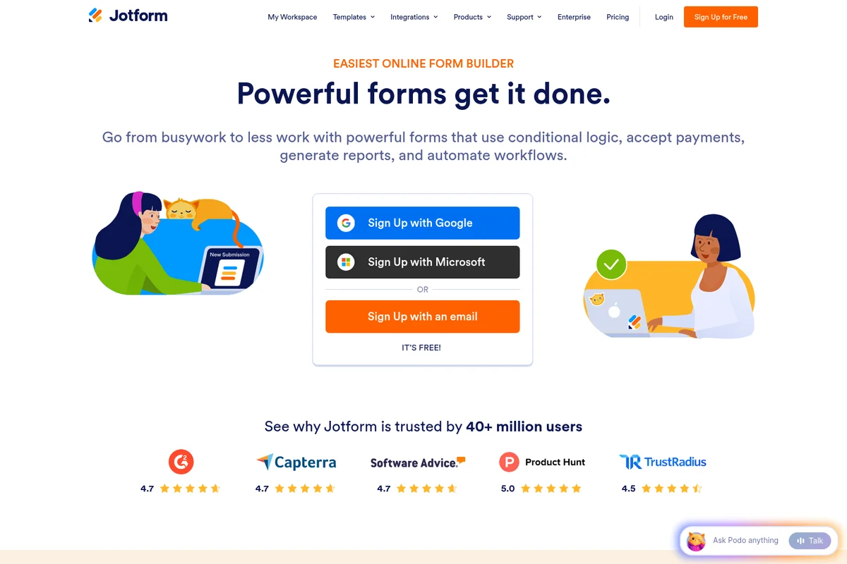 Jotform homepage hero section showing powerful forms and easy sign-up with modern illustrations.