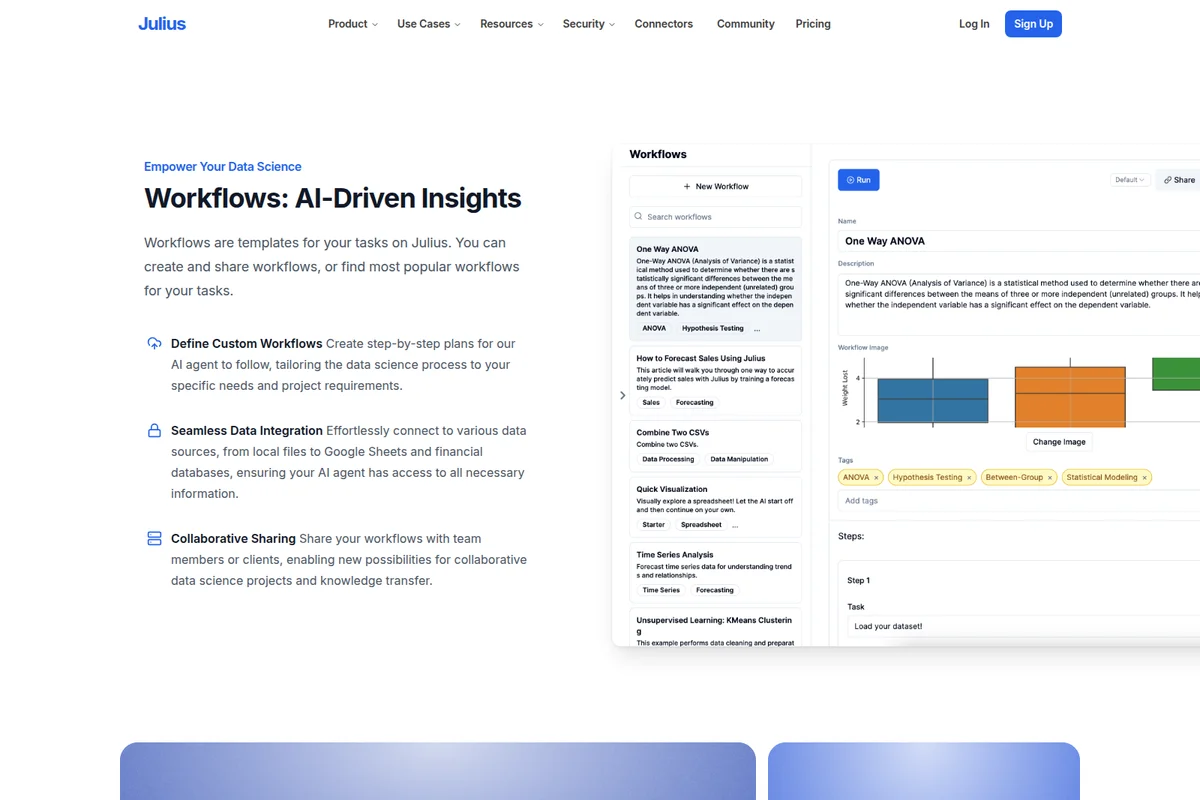 Julius workflows UI showing the One-Way ANOVA analysis with a box plot visualization and a clean, modern interface.