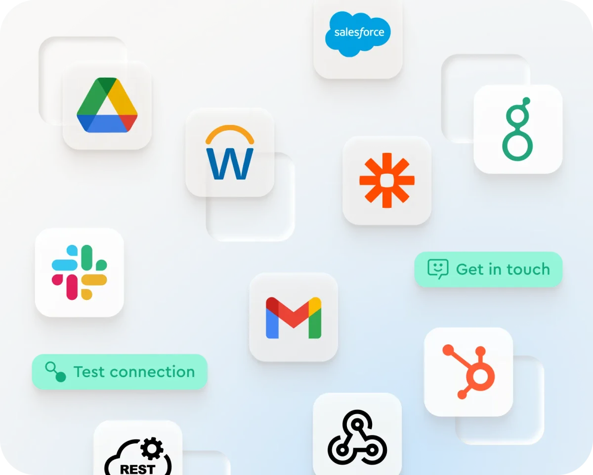 Juro integration panel showing connections to popular business applications like Google Drive, Slack, and Salesforce with a modern interface.