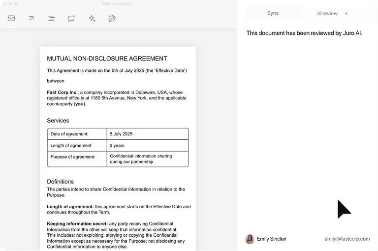 Juro workspace showing a Mutual Non-Disclosure Agreement being reviewed by AI, with a clean interface.
