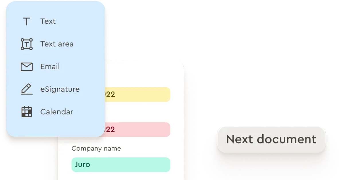 Juro workspace UI showing a menu to add text, email, eSignature, and calendar fields to a document with a clean interface.