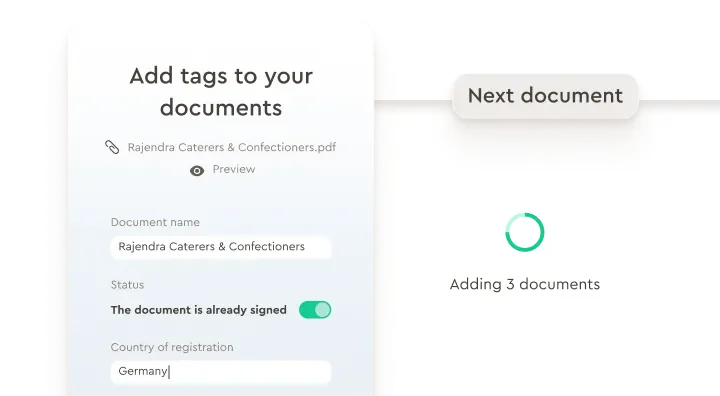 Juro document management UI showing document tagging and metadata input forms with a clean, modern interface.