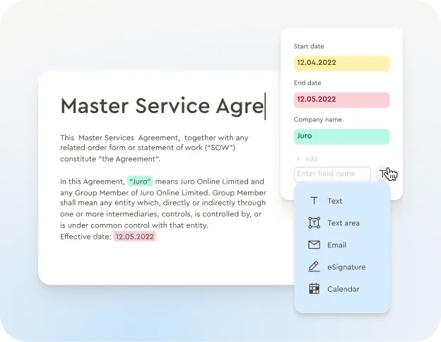 Juro document editor workspace showing a Master Service Agreement being edited with a sidebar for adding custom contract fields, all within a clean, light-themed interface.