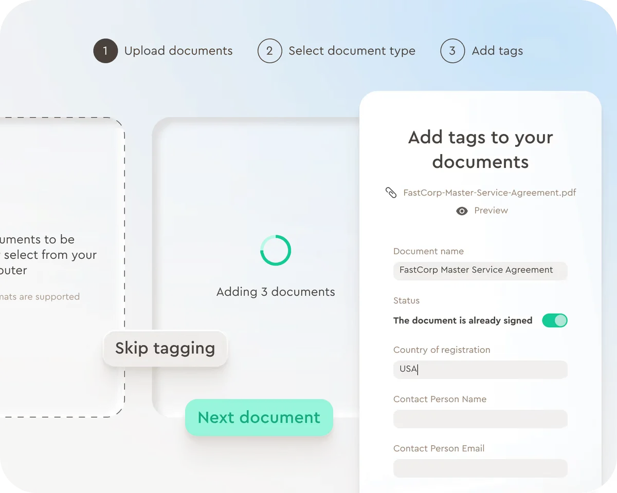 Juro's document tagging interface, showing a 'FastCorp Master Service Agreement' being tagged with 'USA' and signed status.