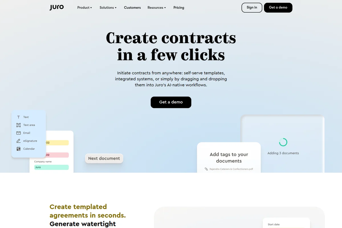 Juro platform hero section showing contract creation interface with drag-and-drop elements in a modern light theme.