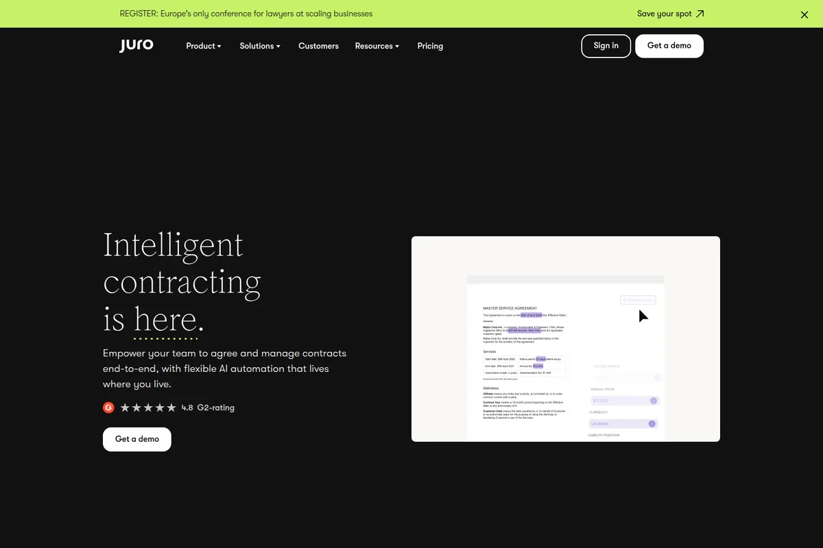 Juro workspace UI showing AI-powered contract drafting and management with a dark theme interface.