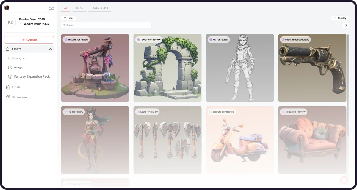 Kaedim asset management gallery displaying diverse 3D models like a well, archway, character, and revolver with workflow status tags in a clean, modern interface.