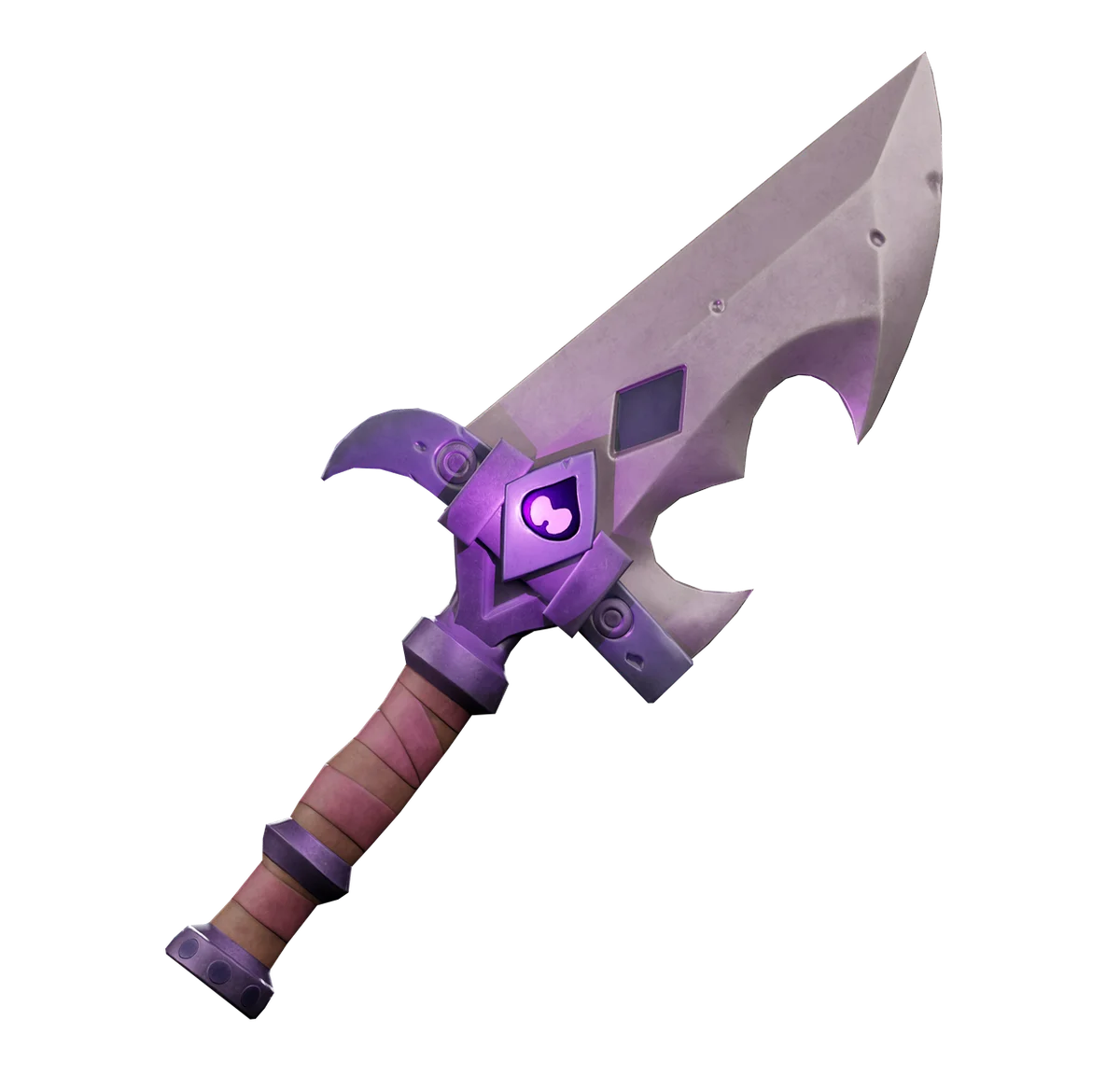 Kaedim generated output sample featuring a highly detailed and stylized fantasy sword 3D model, showcasing its glowing purple magical hilt and a worn blade texture.