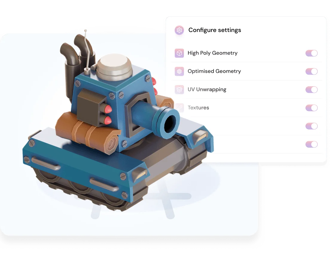 Kaedim 3D model configuration showing a stylized tank with geometry and texture settings in a clean interface.