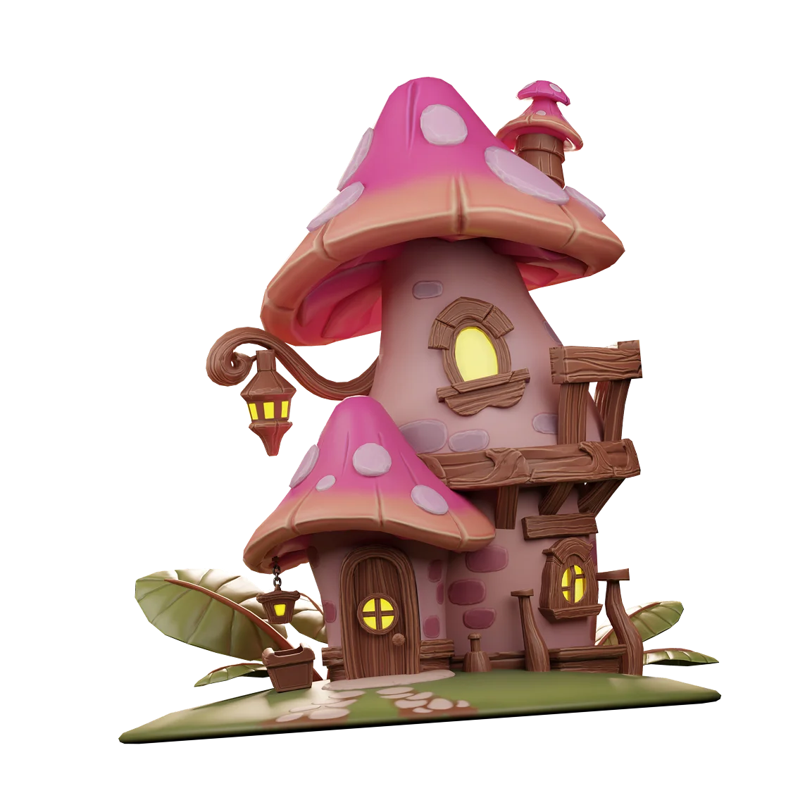 Kaedim output sample showcasing a whimsical, detailed 3D mushroom house model with glowing windows.