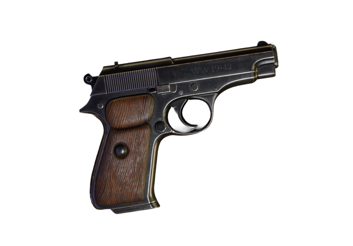 Kaedim 3D model output: highly detailed, realistic World War era pistol with wood grips on a black background.