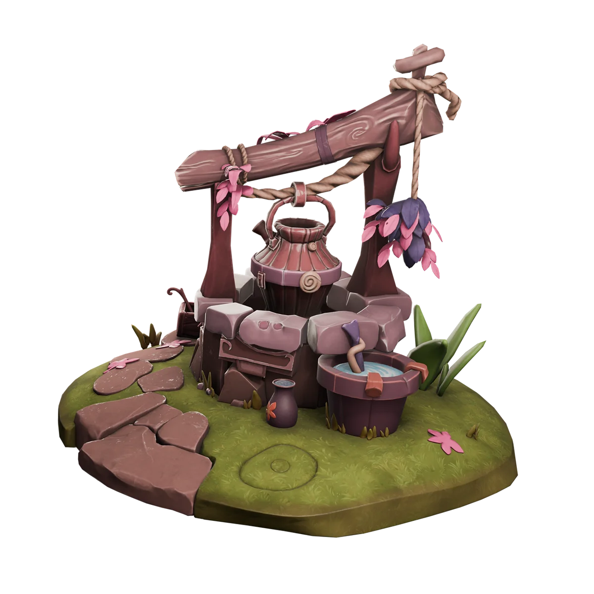 Kaedim output-sample showing a stylized well 3D model with a fantasy art style.