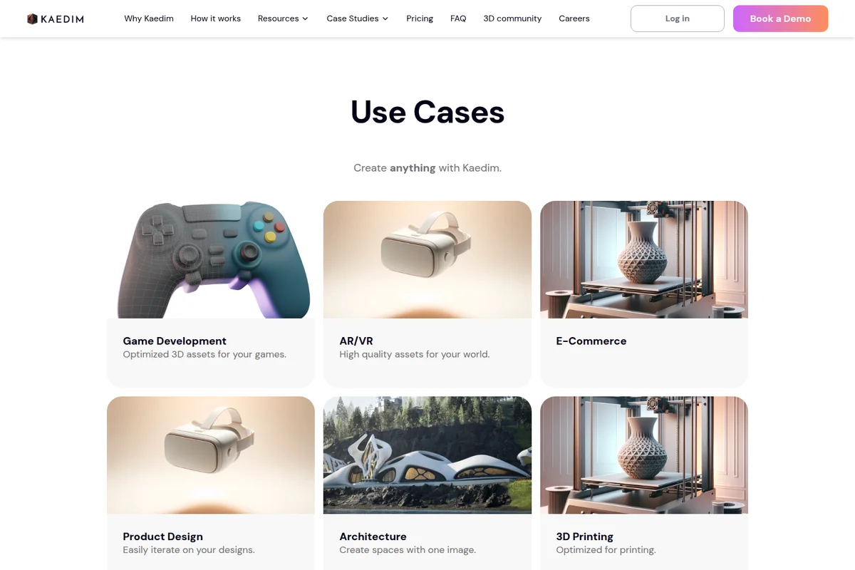Kaedim use cases page showcasing 3D asset applications for game development, AR/VR, and architecture with a clean white interface.