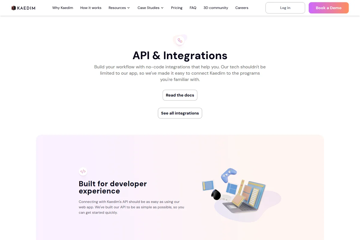 Kaedim integrations page showing API capabilities and developer experience with a modern, clean interface and abstract illustrations.
