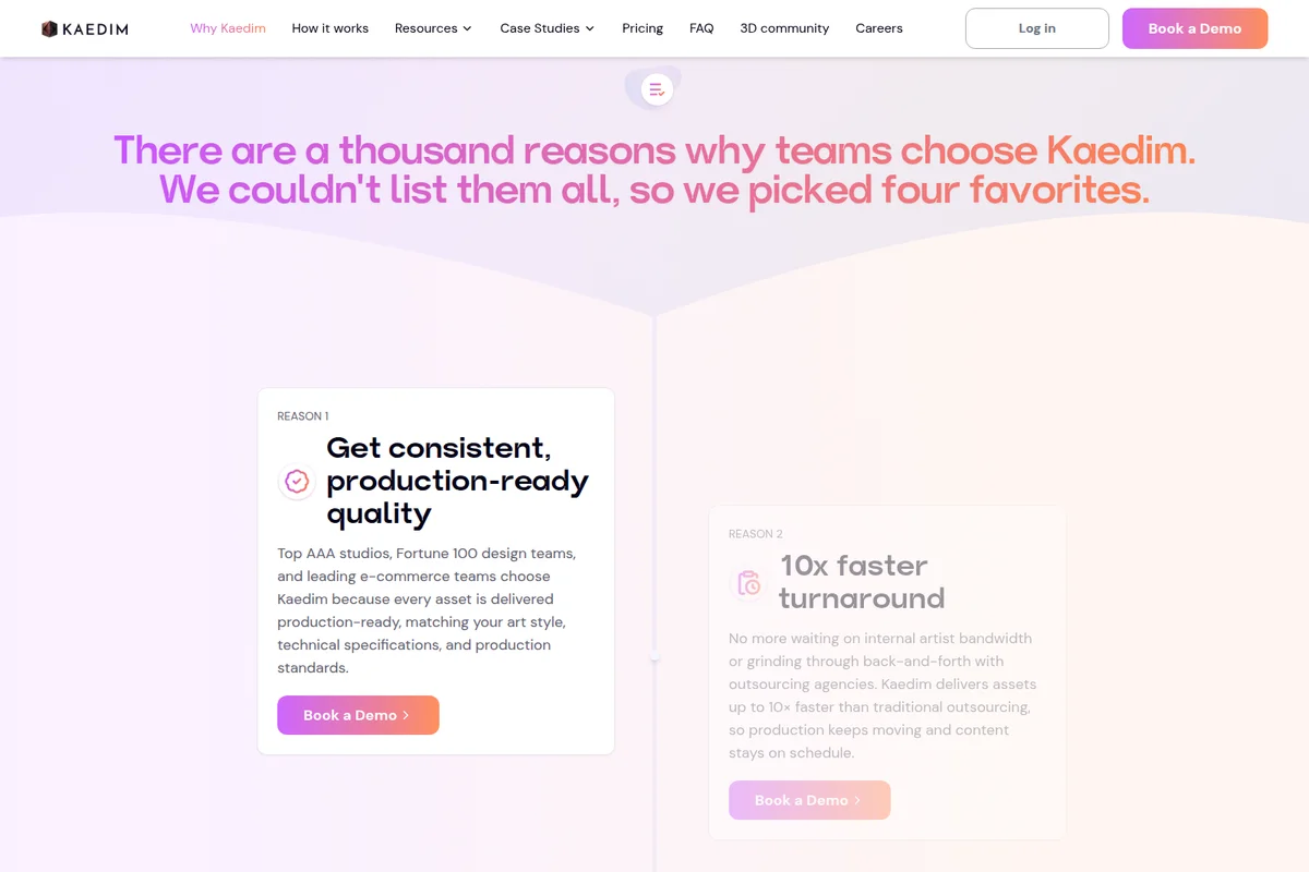 Kaedim marketing page showcasing two key product benefits: consistent quality and 10x faster turnaround, presented with a clean, gradient-accented interface.