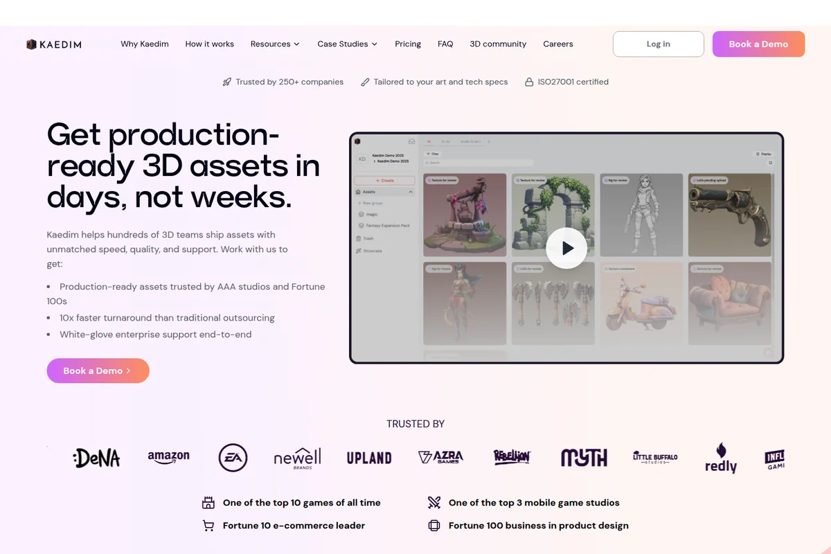 Kaedim homepage showcasing production-ready 3D assets managed within a sleek, modern asset viewer interface with a video demo.