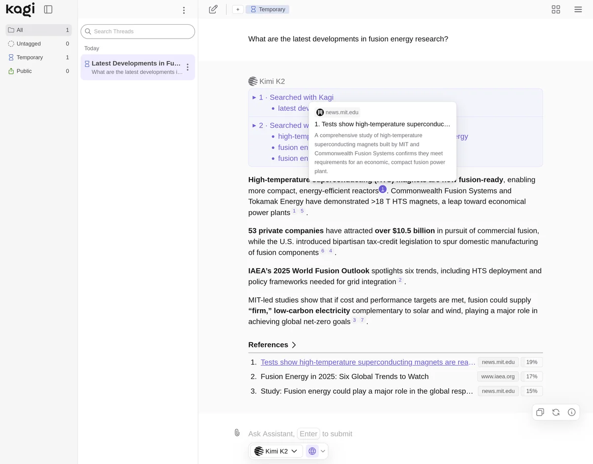 Kagi workspace showing an AI assistant providing a summary of fusion energy research with a clean light-themed interface.