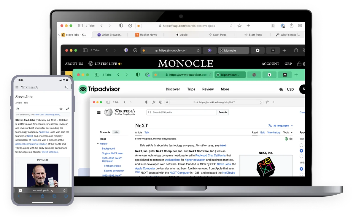Kagi browser workspace showing search results for Steve Jobs within an Orion browser on a laptop, alongside a mobile Wikipedia page, demonstrating multi-tab browsing.