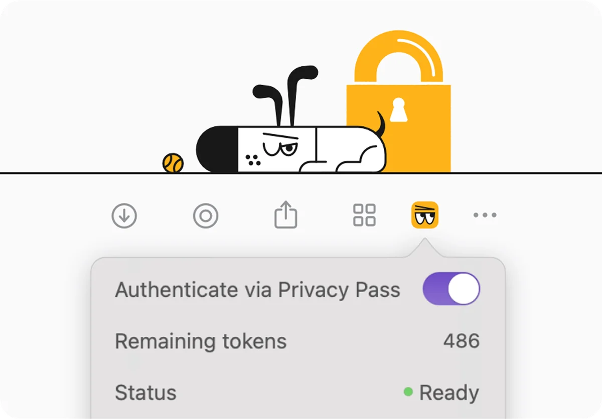 Kagi feature panel showing 'Authenticate via Privacy Pass' toggle with 486 remaining tokens and a playful dog illustration.