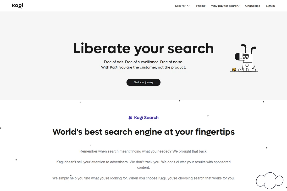 Kagi homepage hero section promoting ad-free and surveillance-free search with a clean, modern design.