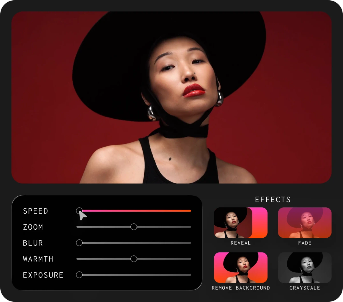 Kapwing video/image editor workspace showing a woman's portrait being edited with various sliders and effects in a dark-mode UI.