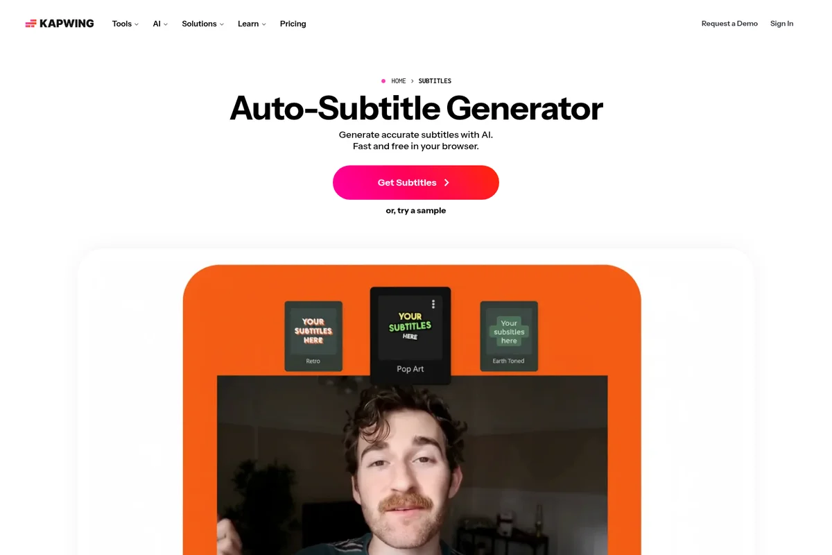 Kapwing feature page showing an Auto-Subtitle Generator with a video player interface demonstrating different subtitle styles: Retro, Pop Art, and Earth Toned.
