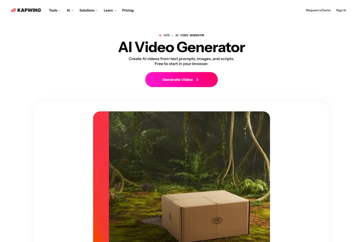 Kapwing AI Video Generator landing page showcasing an example of an AI-generated video with a jungle scene and a modern, clean interface.