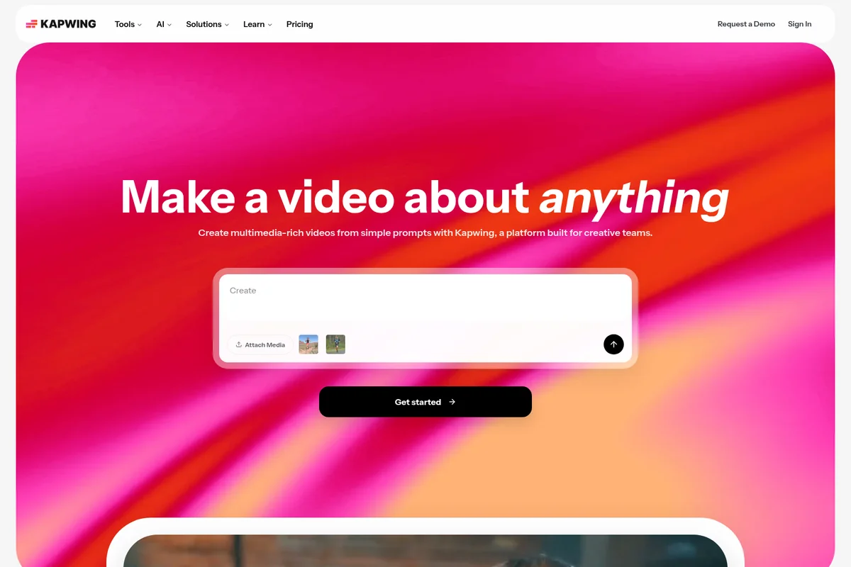 Kapwing workspace showing video creation from a prompt with a vibrant gradient background and media attachments.