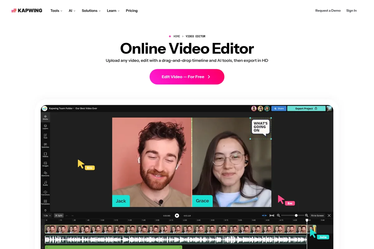 Kapwing workspace showing a video editor with a collaborative split-screen view, a timeline, and dark theme.