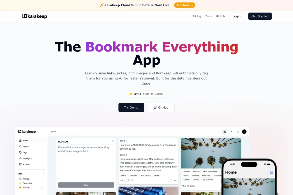 Karakeep workspace UI showing a content entry field, saved items with AI-generated tags, and a mobile app view, on a light-themed interface.