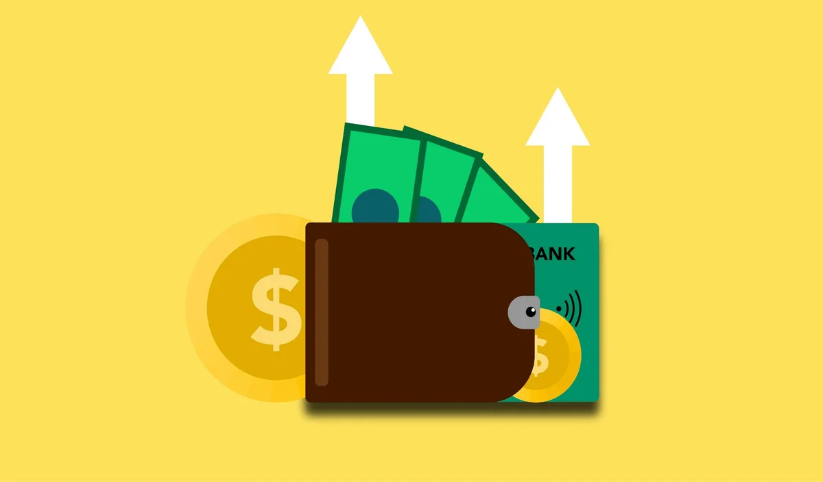 Kavout financial growth illustration featuring a brown wallet, green banknotes, gold coins, and a green credit card, with white upward arrows symbolizing increasing wealth.