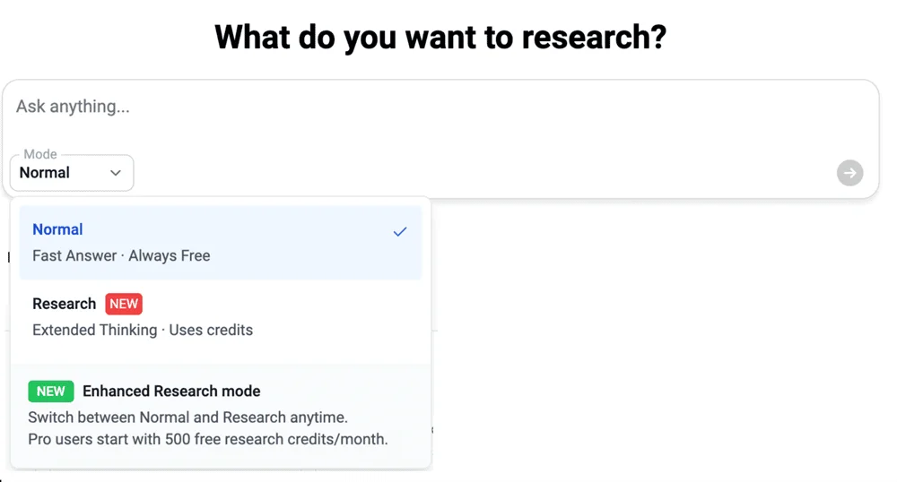 Kavout workspace showing research mode selection with a clean light interface