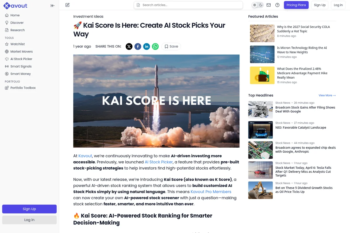 Kavout article announcing Kai Score, an AI stock picking tool, featuring a rocket launch image and website navigation.