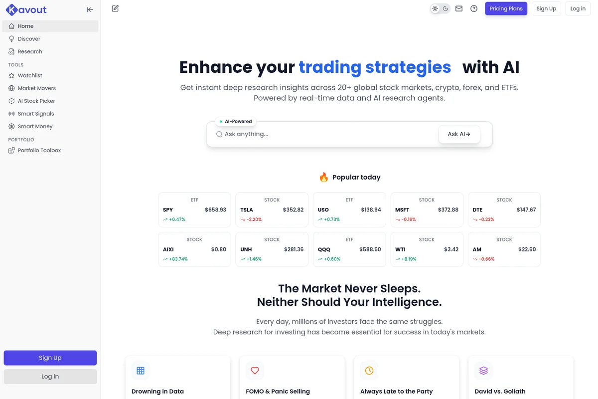 Kavout homepage displaying AI-powered trading strategies with a central search bar and popular stock performance cards.