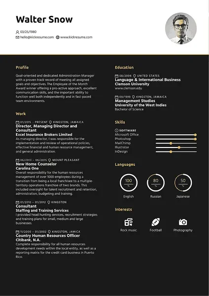 Kickresume output-sample showing a professional resume with a dark-themed, clean layout and user photo.