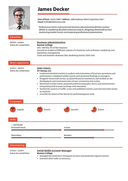 Kickresume output sample showing a modern professional resume template for James Decker, featuring education, work experience, skills, and languages with a headshot.