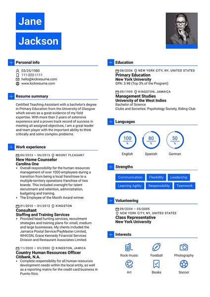 Kickresume resume sample displaying a professional's profile with experience, education, and skills in a clean, modern blue-themed layout.