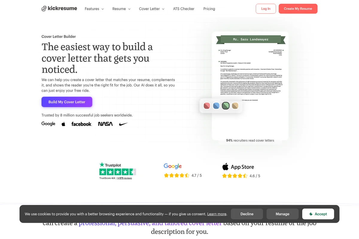 Kickresume Cover Letter Builder showcasing a customizable cover letter preview with various design and color options.
