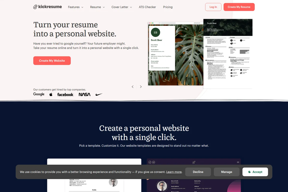 Kickresume landing page hero showcasing personal website generation from a resume with modern design previews.